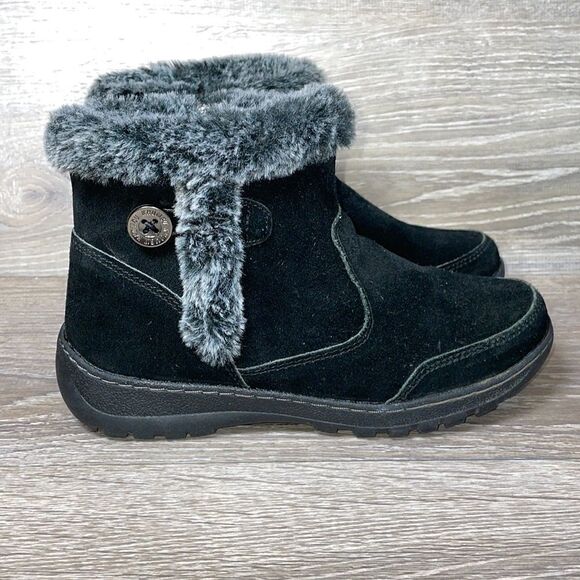 Khombu Iris Black Leather Warm Faux Fur Women’s Size 7M Slip On Zip Ankle Boot - Picture 1 of 12